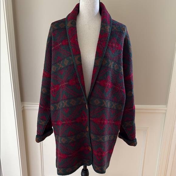 Vintage Alps Wool Aztec Long Blanket Jacket Drop Shoulder Cardigan Women's M - Picture 3 of 9